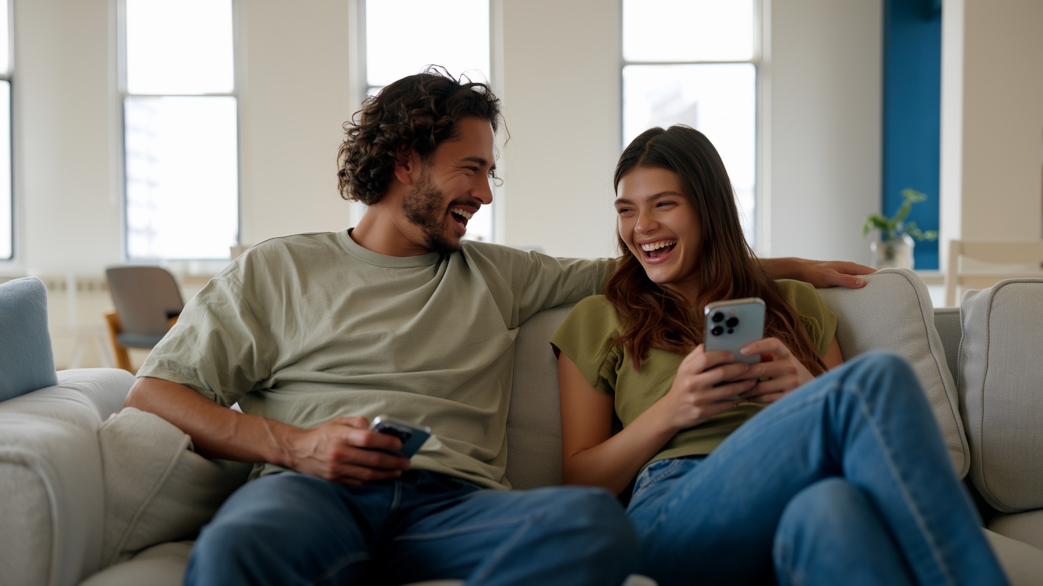 Stel zit samen op de bank en plant de week in één gedeelde agenda-app op de telefoon