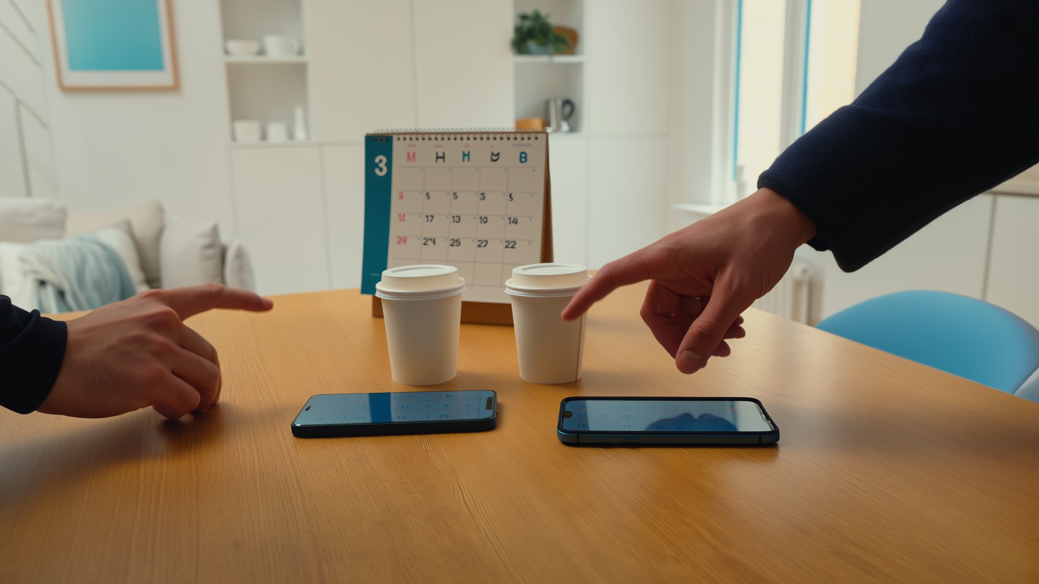Stel bekijkt samen hun gedeelde agenda aan de keukentafel, de een op een iPhone en de ander op een Samsung.