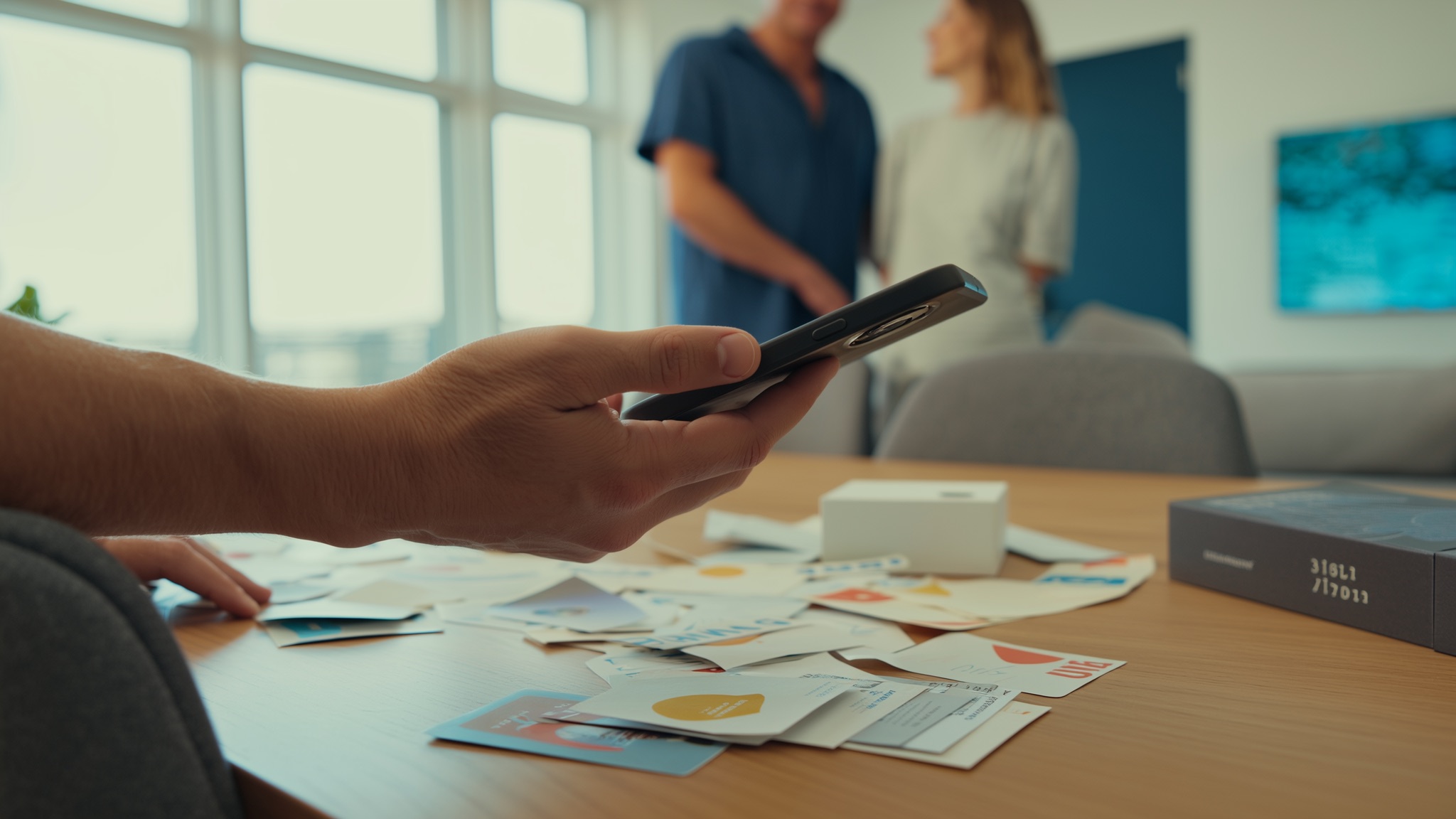 Stel bekijkt samen het vaste-lasten-overzicht in een app aan de keukentafel