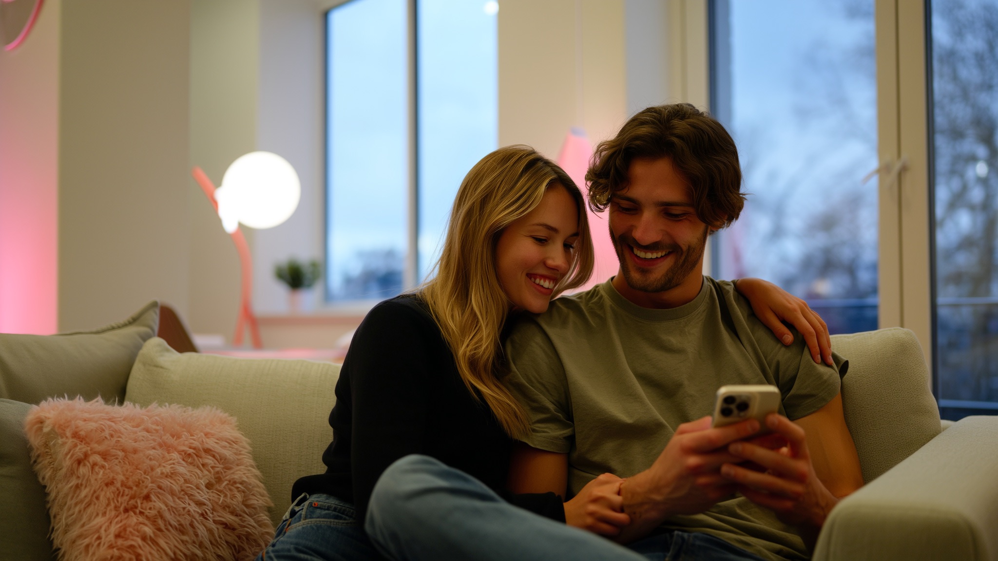 Stel op de bank bekijkt samen lachend één telefoon in warm avondlicht