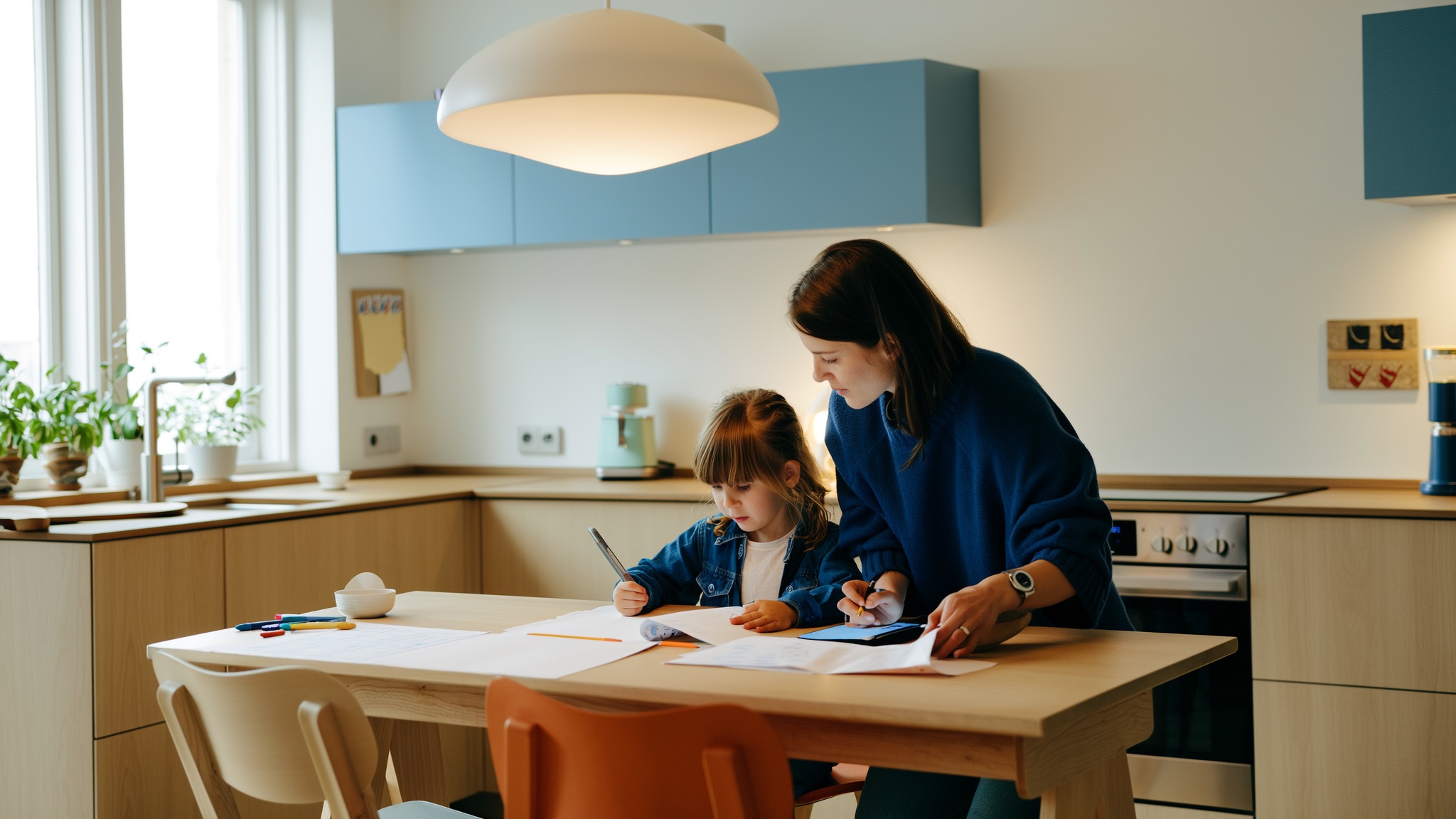 Stel plant samen de gezinsweek op een smartphone aan de keukentafel, met een whiteboard met weekplanning op de achtergrond