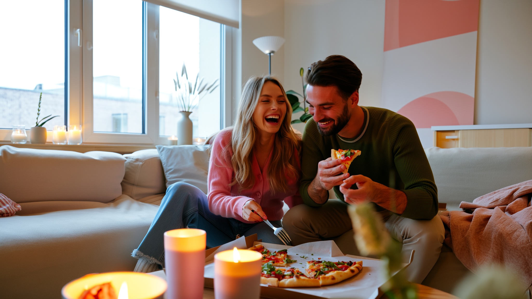 Stel steekt kaarsen aan voor een zelfgemaakte date-avond aan de gedekte keukentafel thuis.