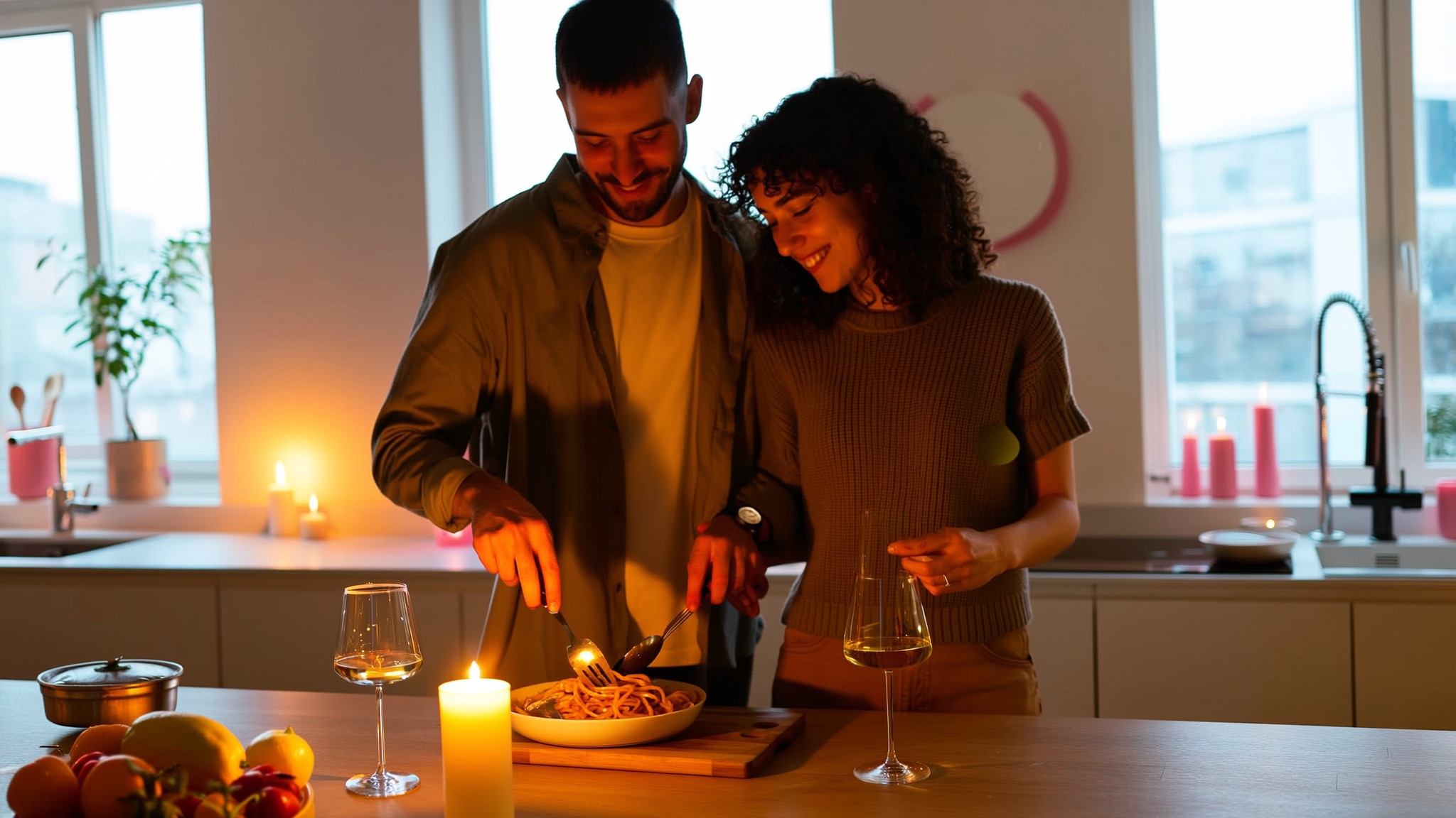 Sfeervol gedekte keukentafel met kaarsen en een zelfgemaakt driegangendiner voor een date night thuis