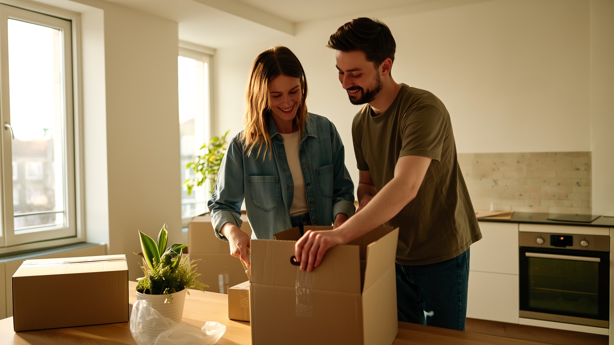 Jong stel draagt samen verhuisdozen naar binnen in hun eerste gezamenlijke woning.