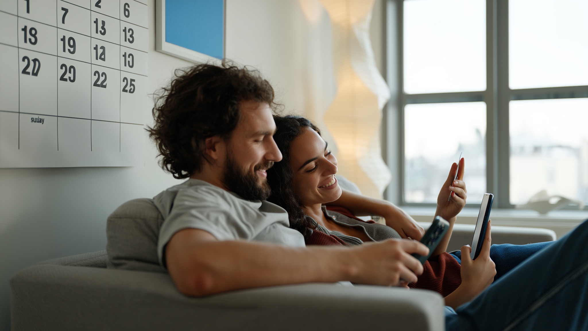 Stel bekijkt samen hun gedeelde weekagenda op een telefoon aan de keukentafel