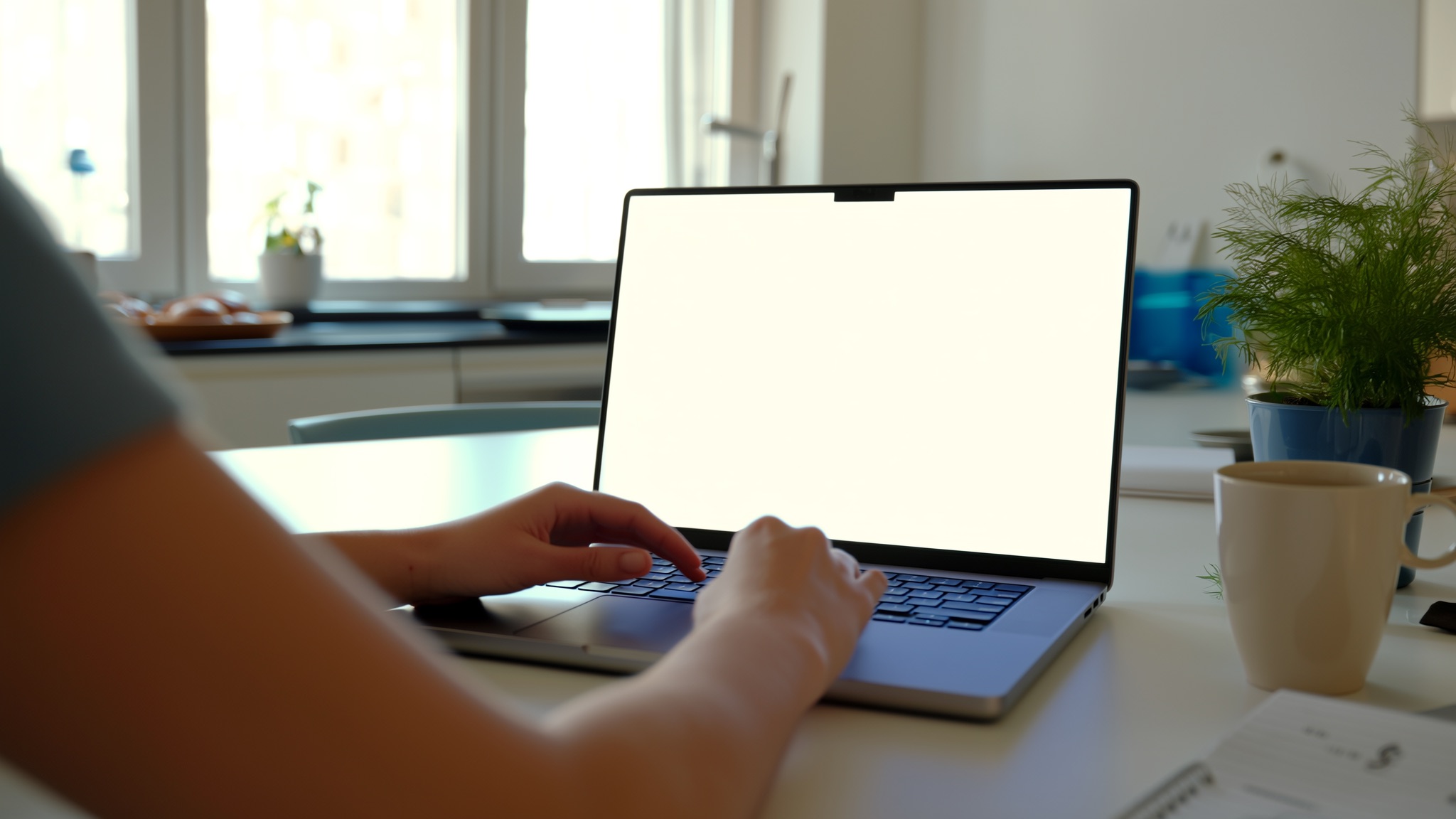 Persoon typt op een laptop aan de keukentafel, scherm wazig op de achtergrond