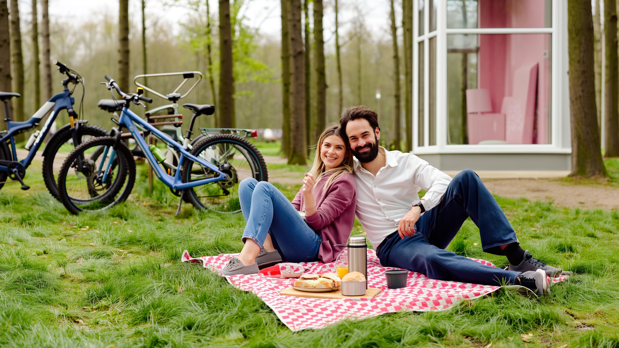 Stel zit op een bankje in het park met een thermoskan koffie tijdens een goedkope date buiten