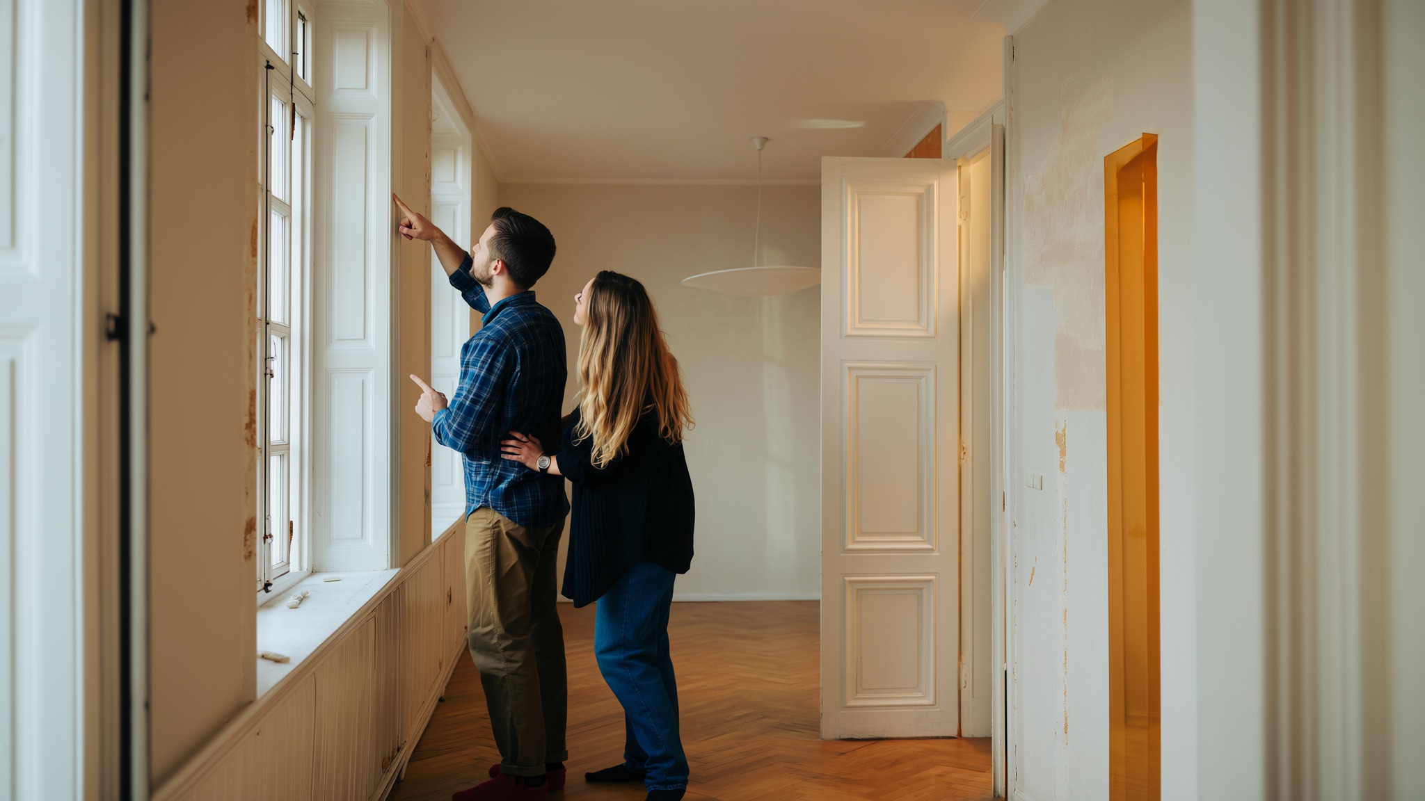 Stel bekijkt samen een verbouwplan in een half opgeknapte woonkamer met verfrollers en afdekfolie op de vloer