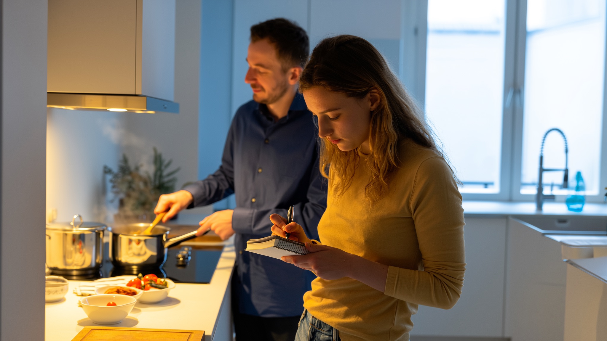 Stel zit samen aan de keukentafel en werkt op een telefoon hun huishoudboekje bij, met twee koppen koffie ernaast.