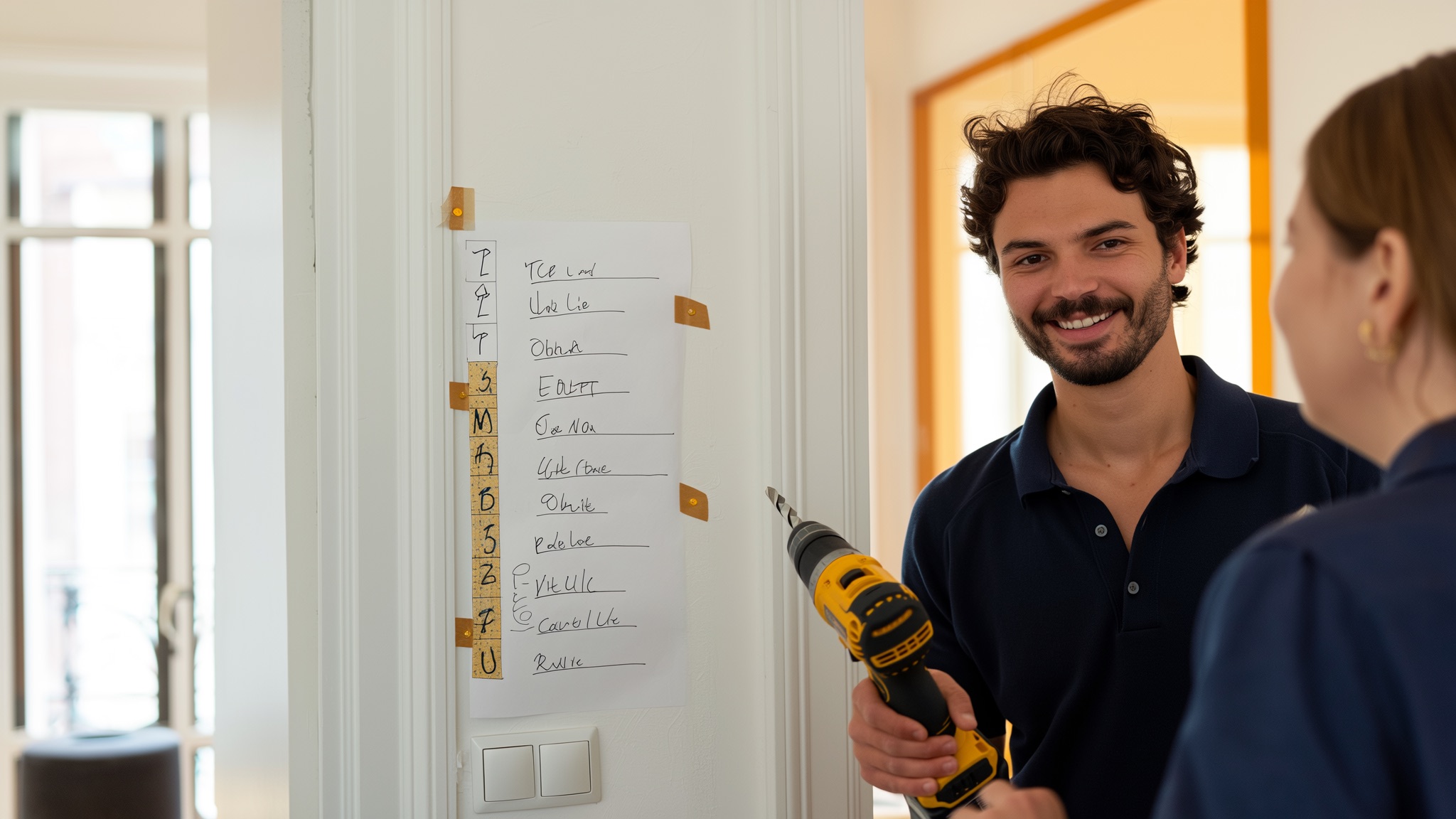 Stel schrijft samen aan de keukentafel een klussenlijst per ruimte, met verfblikken en gereedschap op tafel