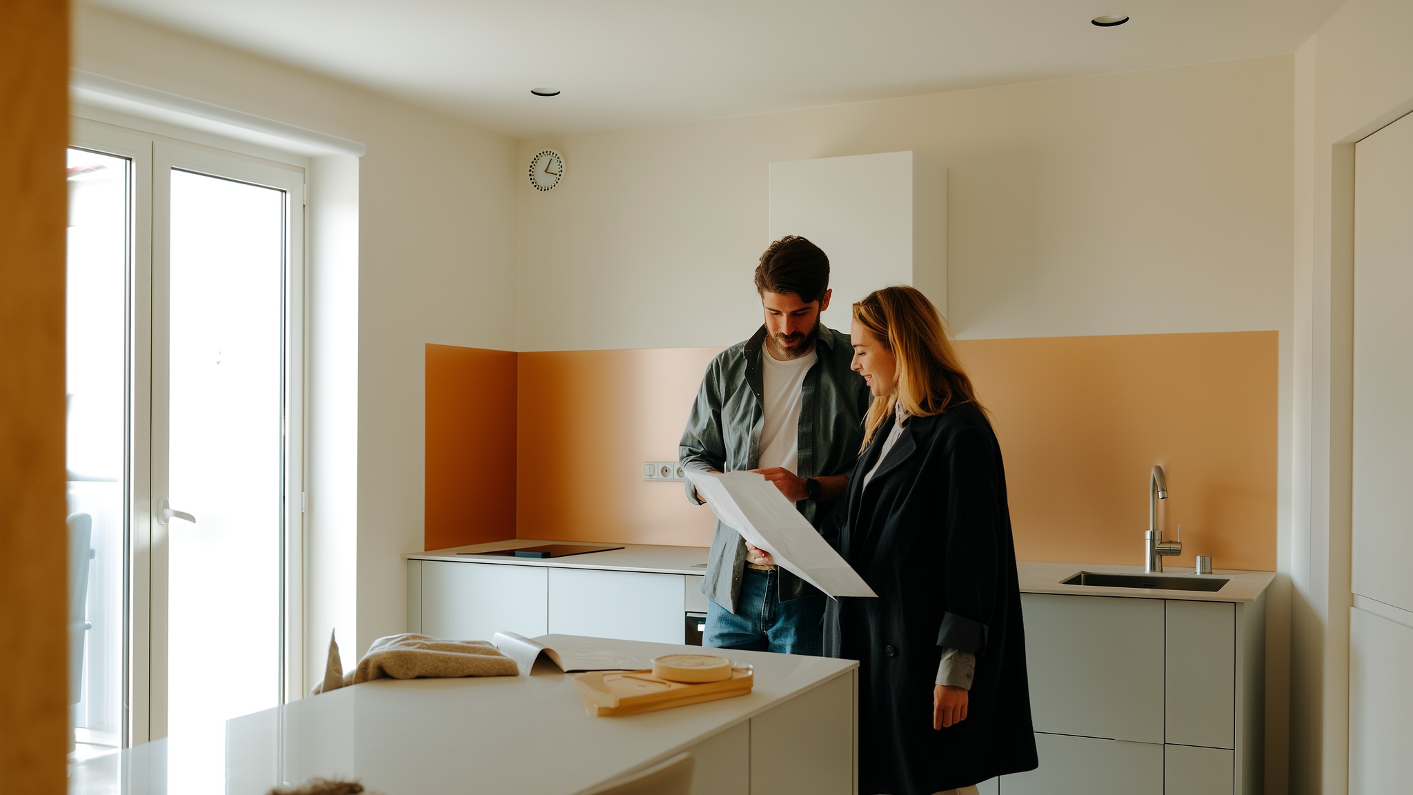 Stel bekijkt aan de keukentafel de plattegrond en kostenraming voor de verbouwing van hun huis