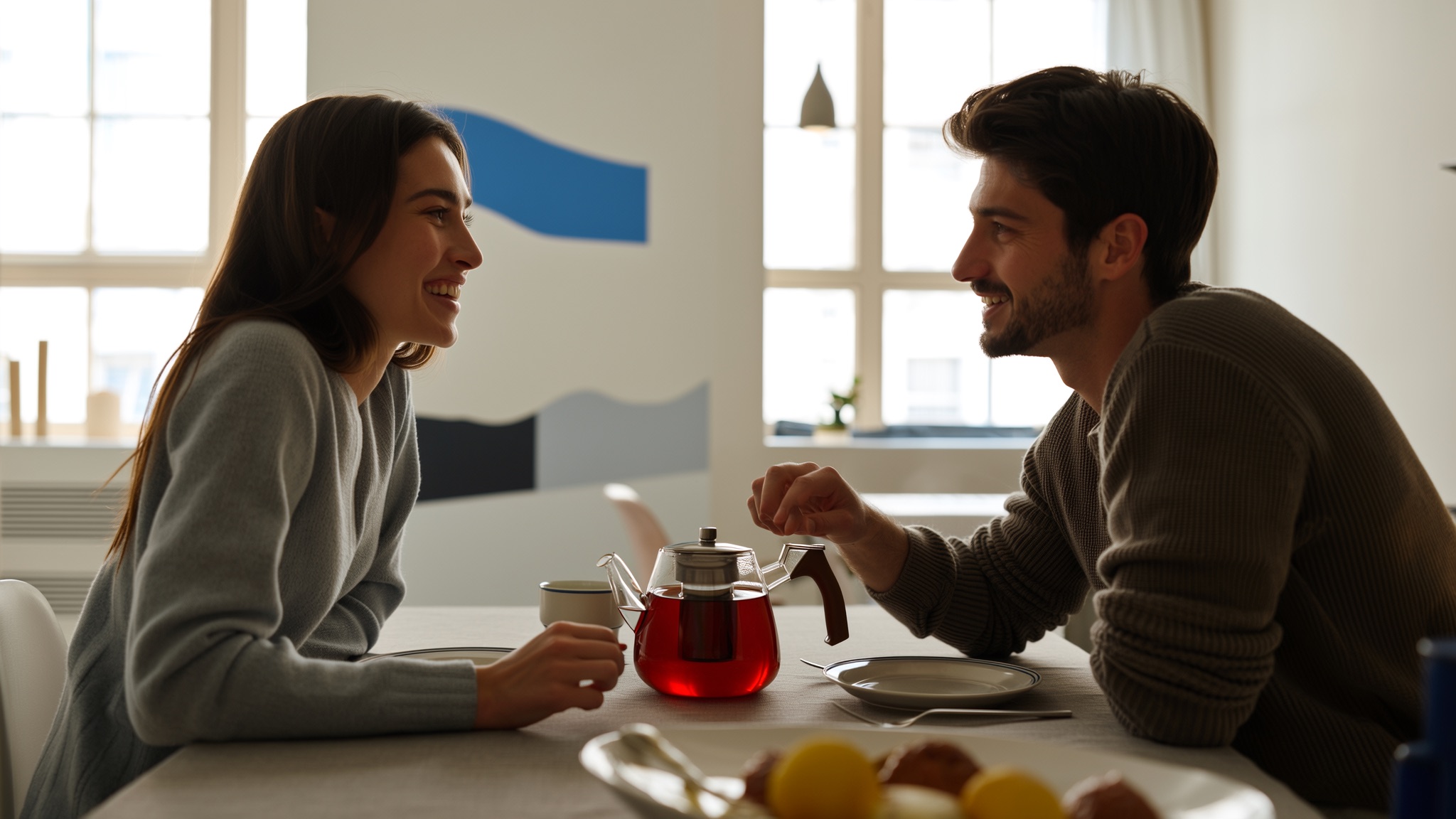 Stel zit samen aan de keukentafel met laptop en koffie en bespreekt rustig hun maandelijkse geldzaken.