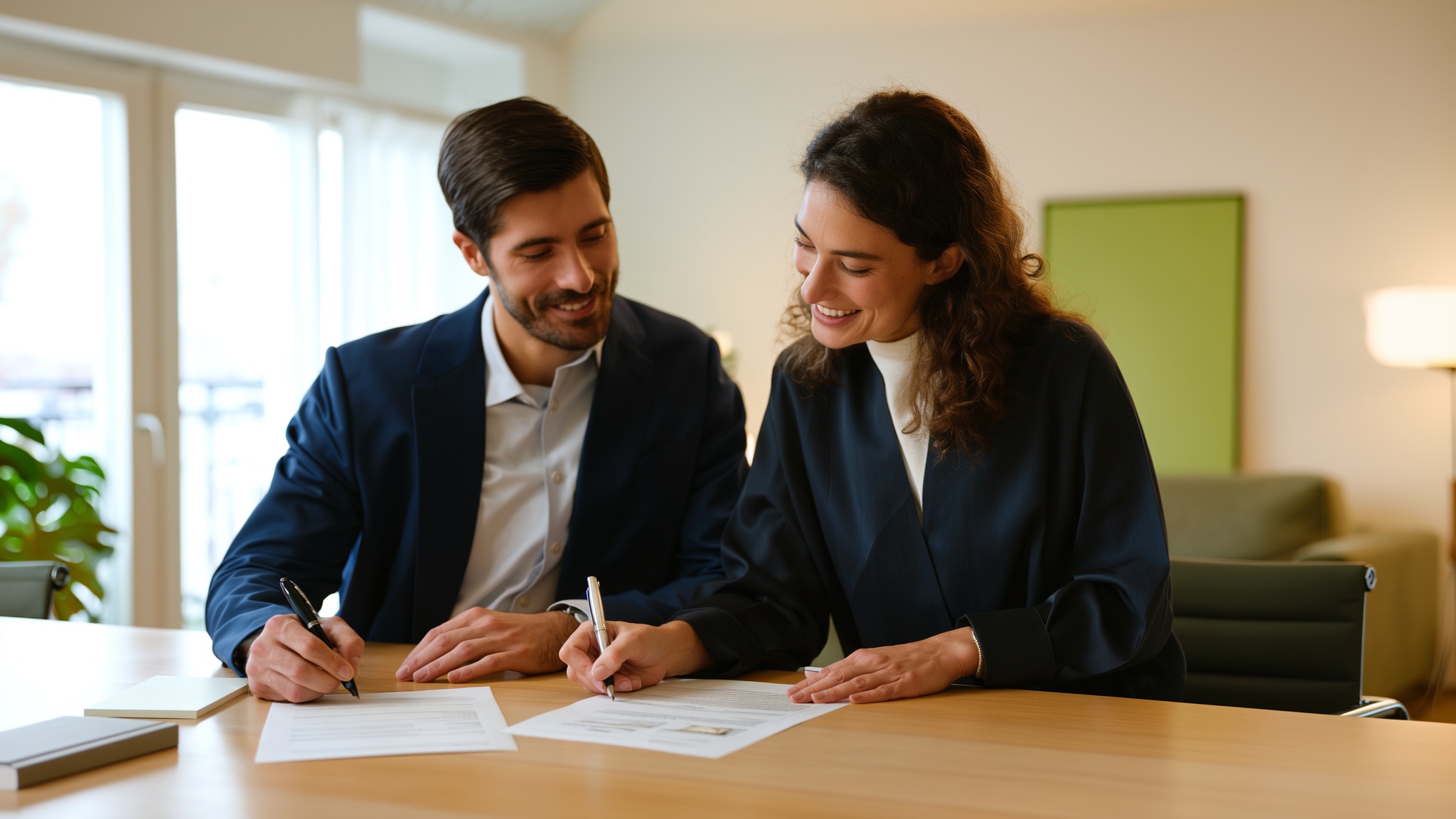 Jong stel bekijkt samen de documenten voor hun samenlevingscontract aan de keukentafel