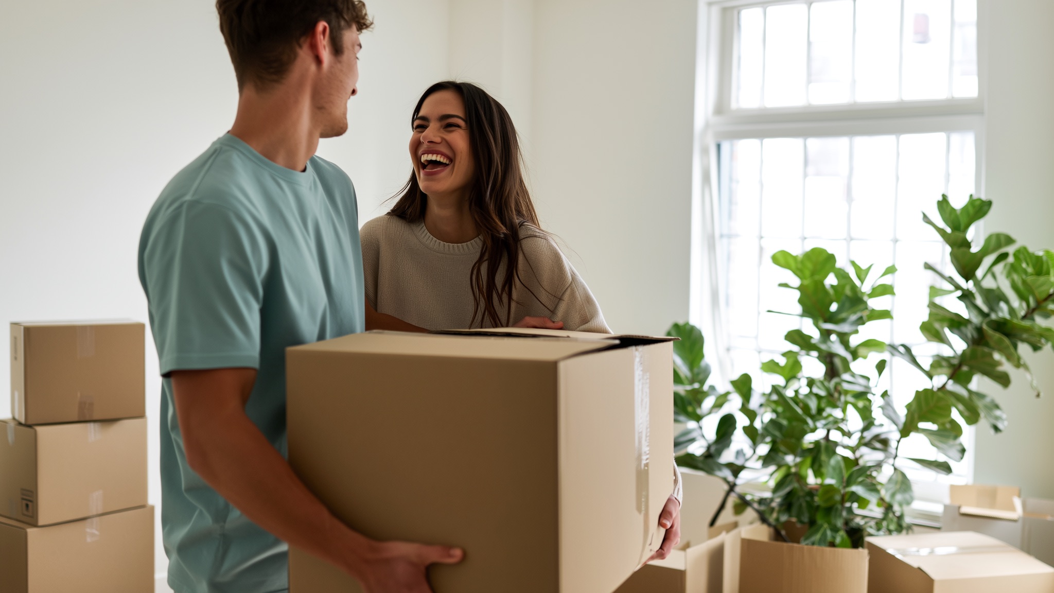 Jong stel draagt samen verhuisdozen naar binnen in hun nieuwe woning op verhuisdag