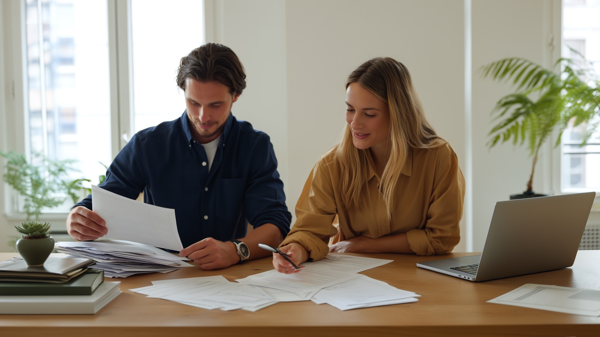 Jong stel pakt verhuisdozen uit in hun nieuwe woning en regelt samen op een laptop de administratie voor het samenwonen