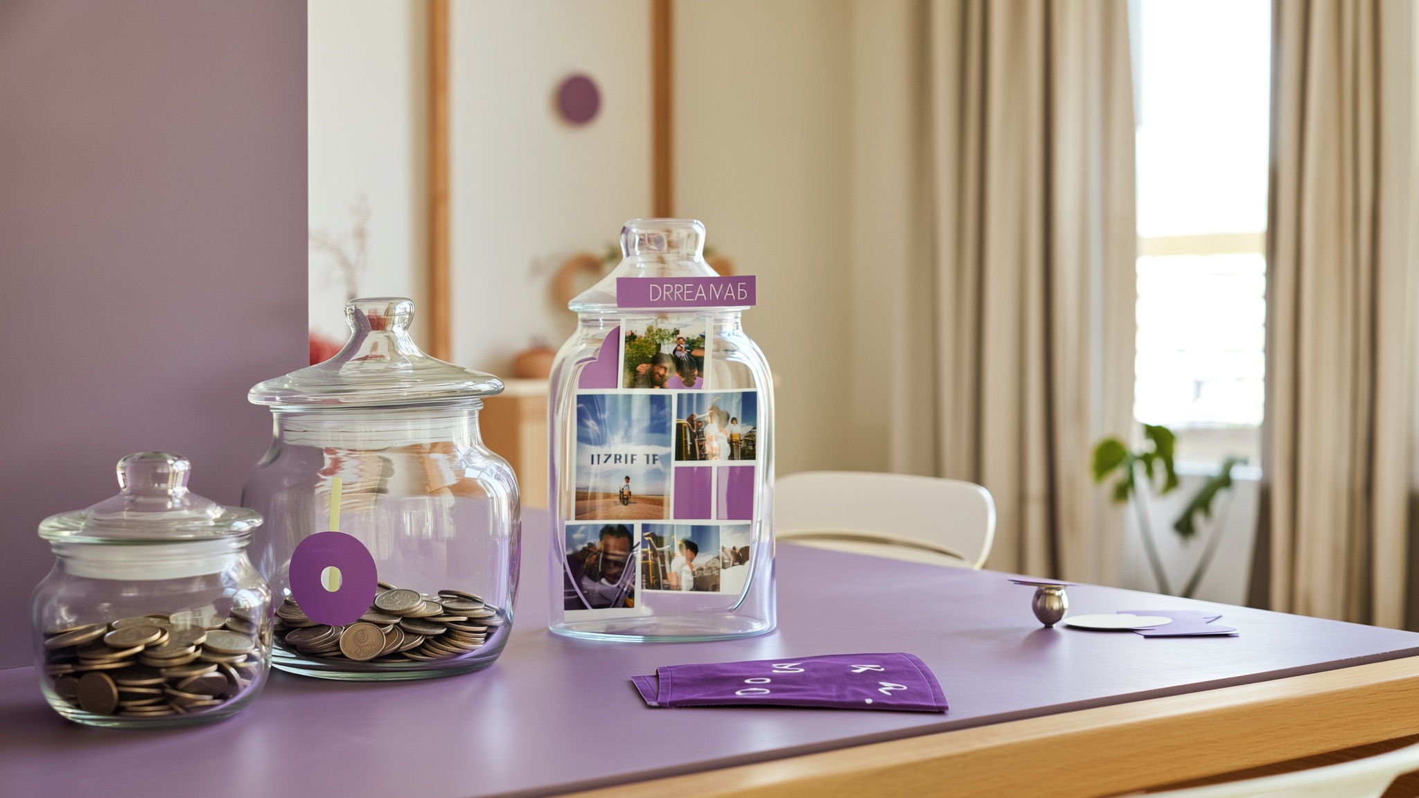Stel schrijft samen spaardoelen op briefjes aan de keukentafel, met een spaarpot ernaast