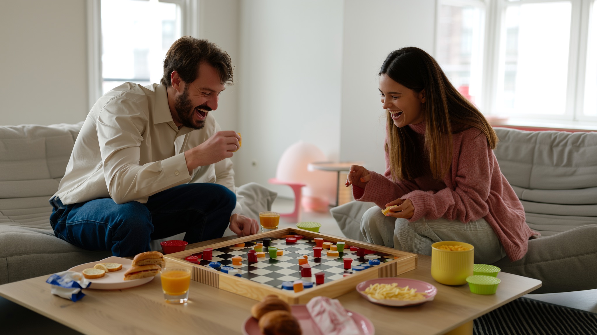 Stel speelt lachend een bordspel aan de salontafel met snacks en drankjes
