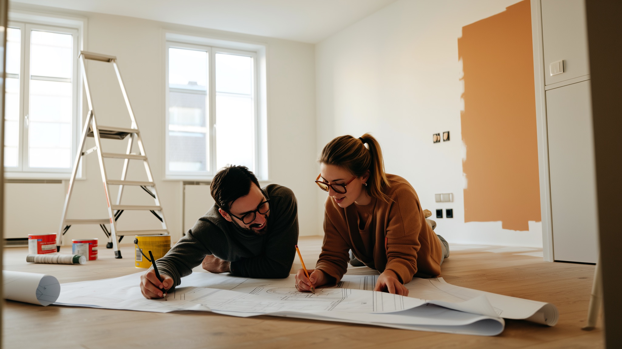 Stel bekijkt samen de verbouwplanning met bouwtekening en kleurstalen aan de keukentafel