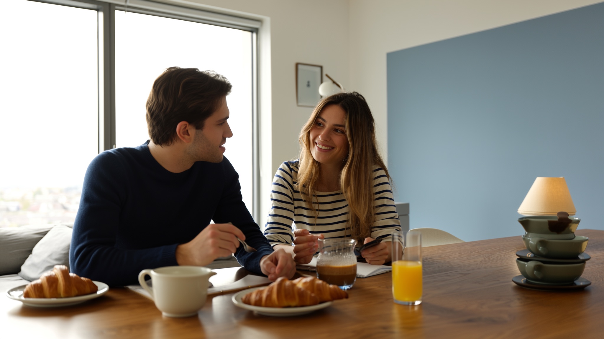 Stel plant samen de week aan de keukentafel, met agenda, thee en een boodschappenlijstje